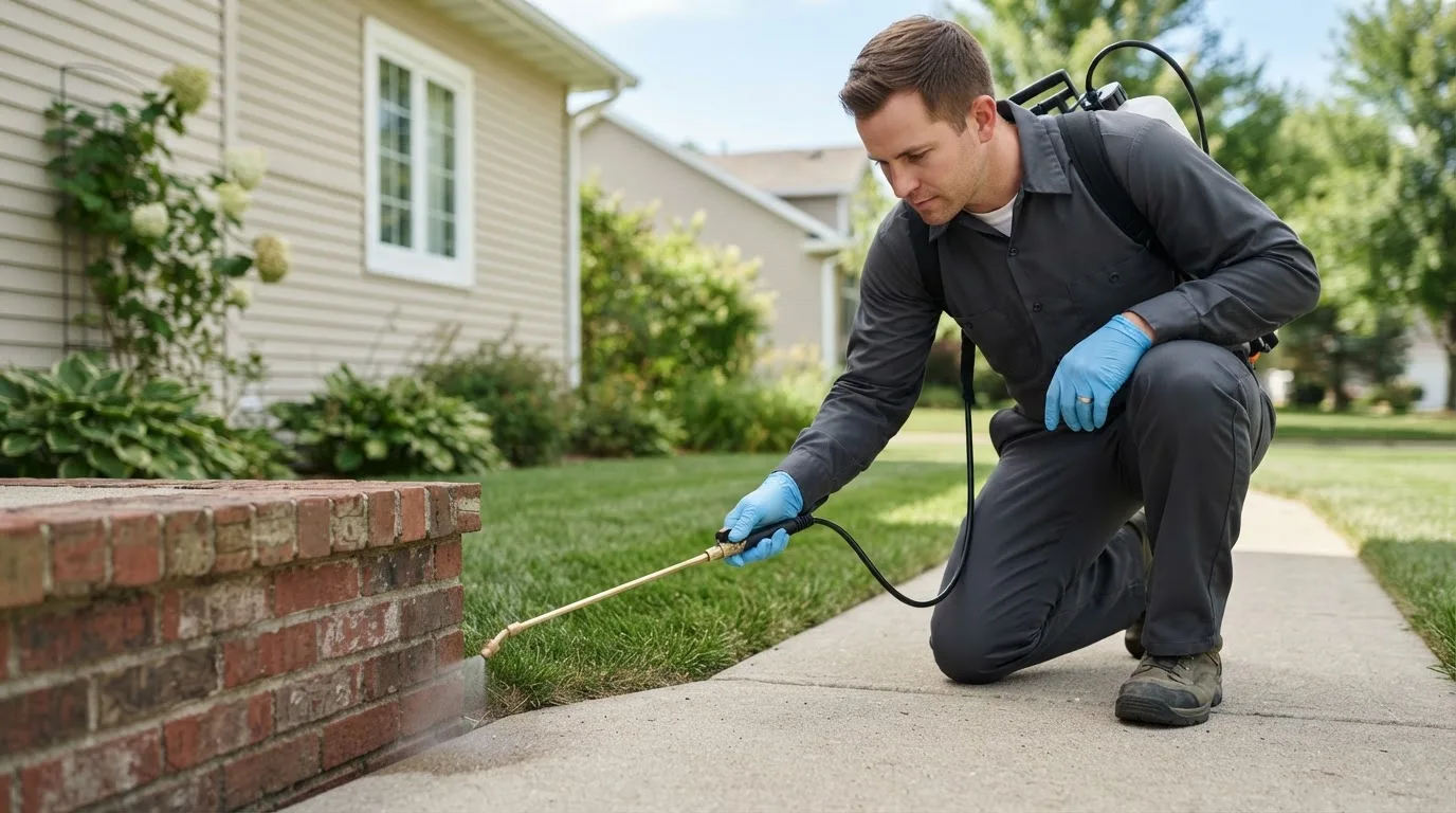 Pest control technician treating a home near West Salem, WI
